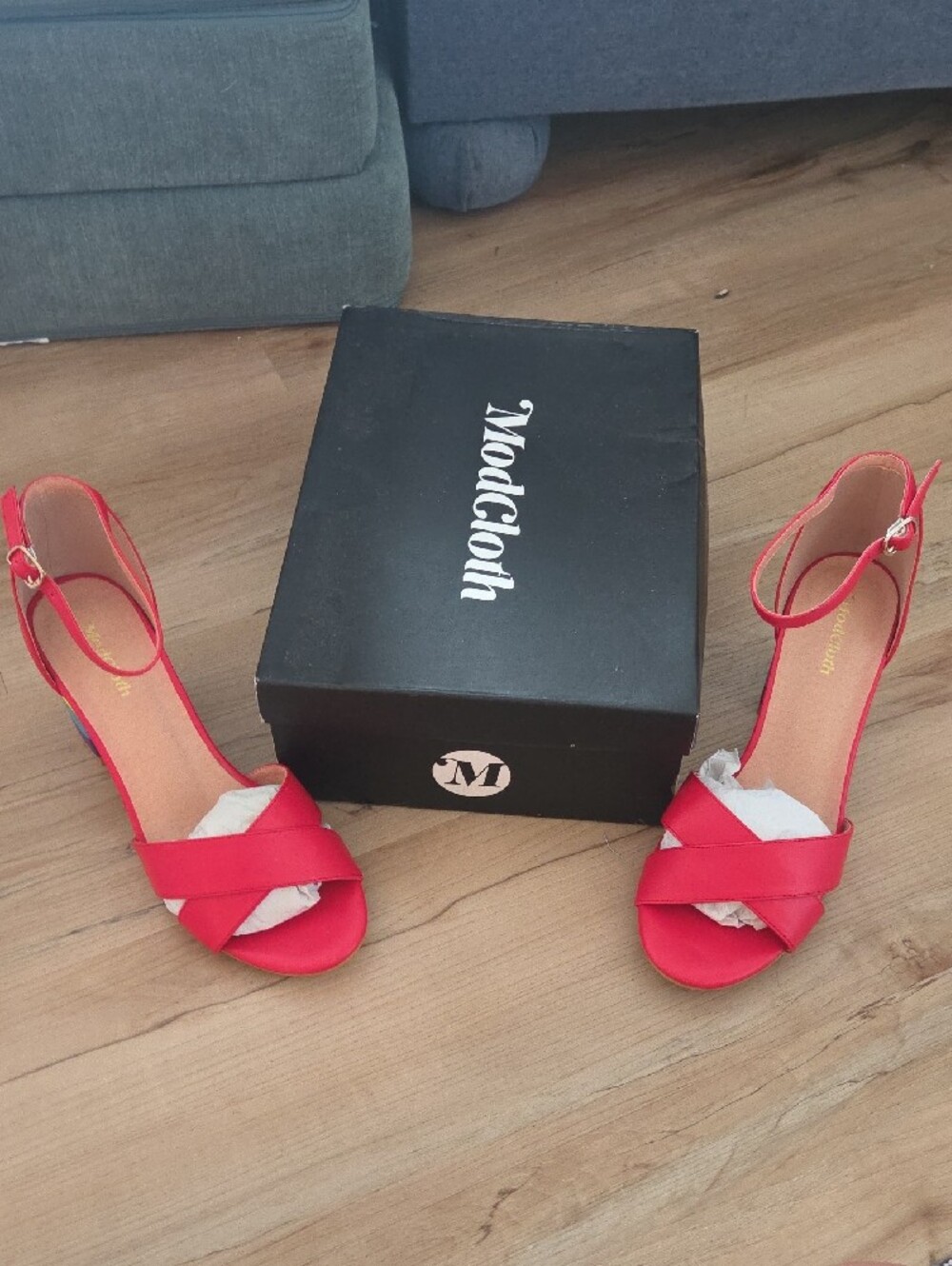 ModCloth Red Ankle-Strap Block Heel Sandals with Rainbow Heel - Picture 5 of 9